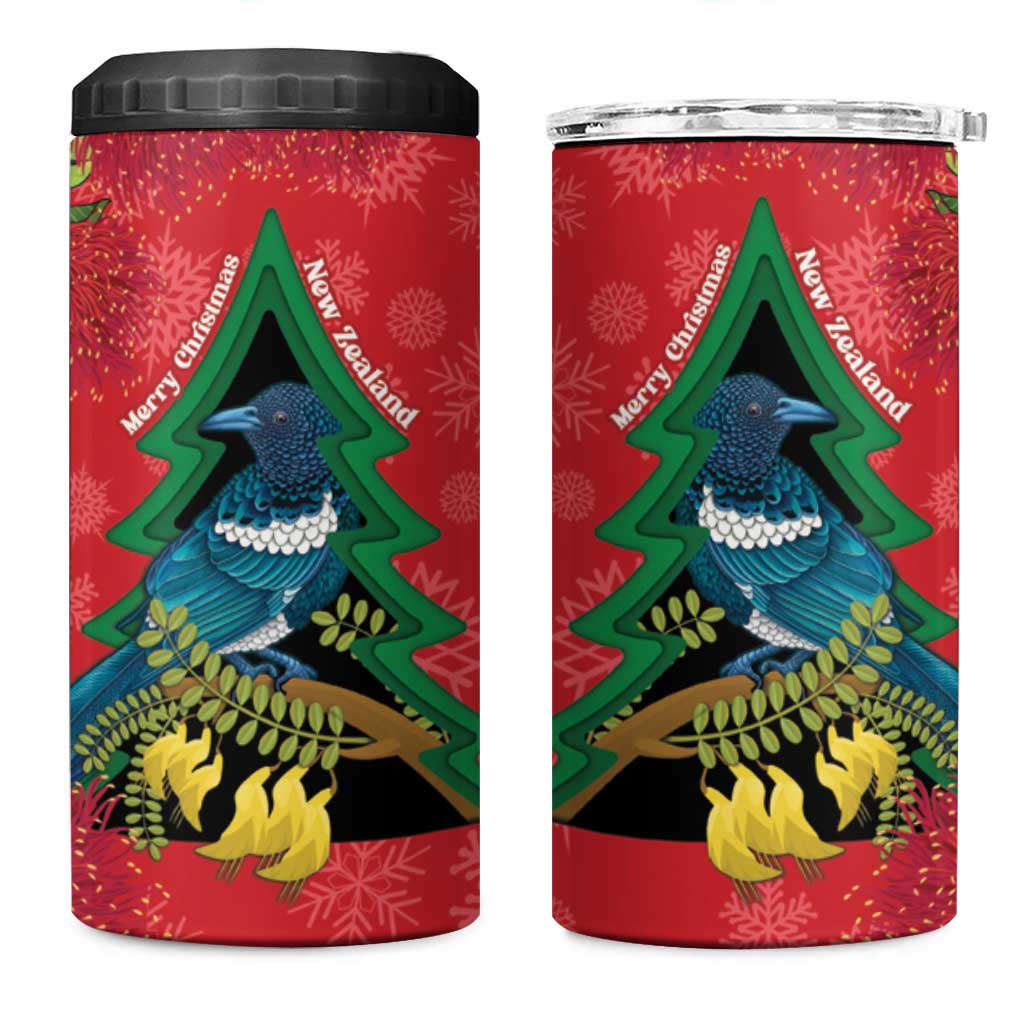 New Zealand Christmas In July 4 in 1 Can Cooler Tumbler Kowhai Tui Bird With Pohutukawa - Red