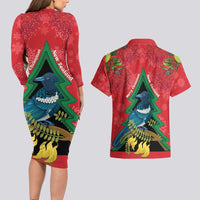 New Zealand Christmas In July Couples Matching Long Sleeve Bodycon Dress and Hawaiian Shirt Kowhai Tui Bird With Pohutukawa - Red