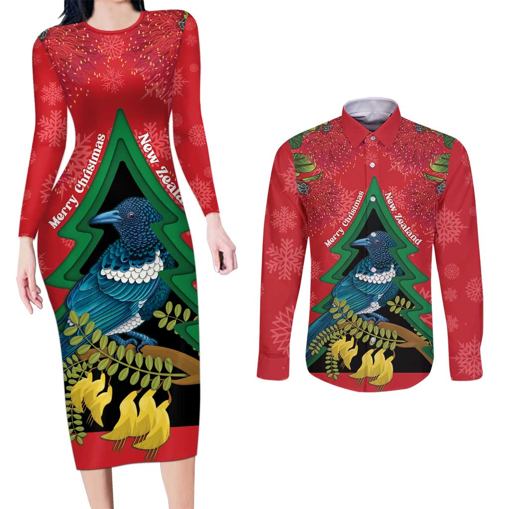 New Zealand Christmas In July Couples Matching Long Sleeve Bodycon Dress and Long Sleeve Button Shirt Kowhai Tui Bird With Pohutukawa - Red