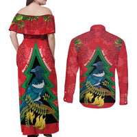 New Zealand Christmas In July Couples Matching Off Shoulder Maxi Dress and Long Sleeve Button Shirt Kowhai Tui Bird With Pohutukawa - Red