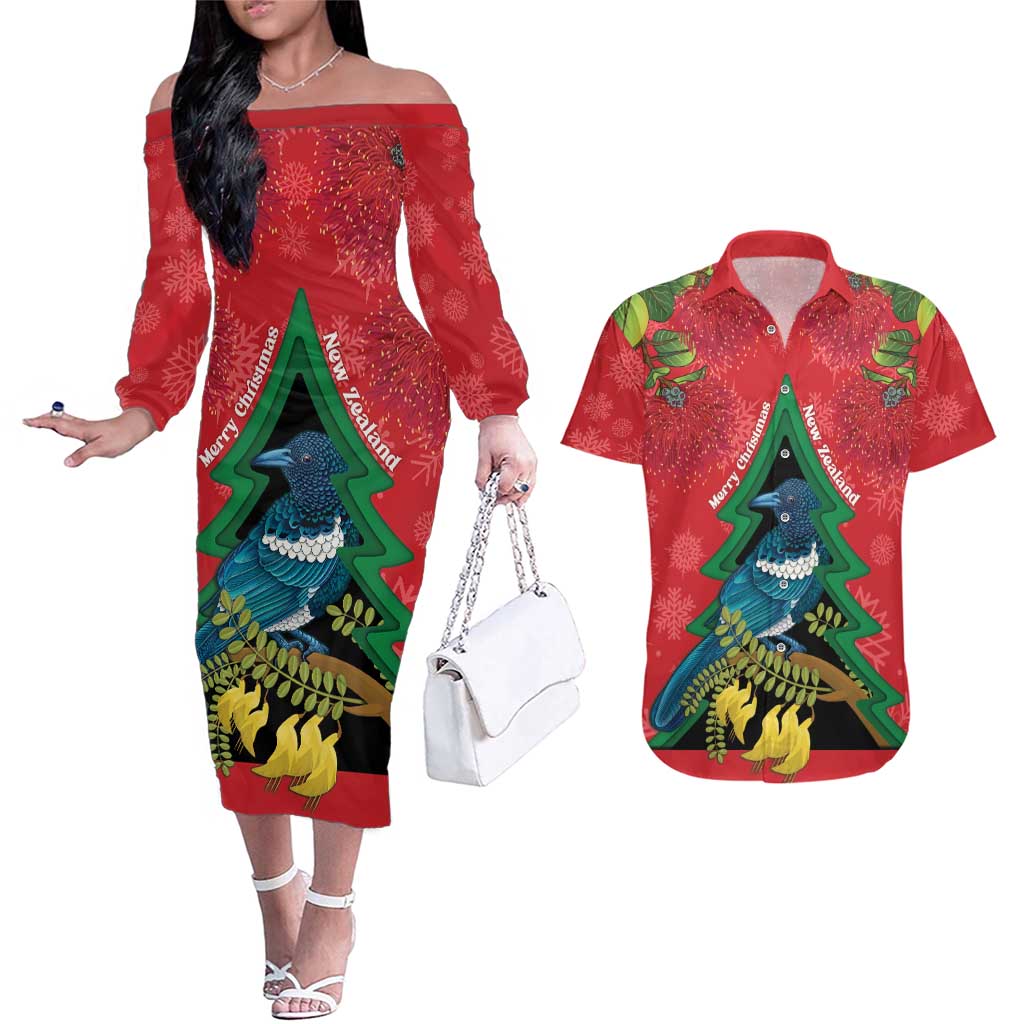 New Zealand Christmas In July Couples Matching Off The Shoulder Long Sleeve Dress and Hawaiian Shirt Kowhai Tui Bird With Pohutukawa - Red