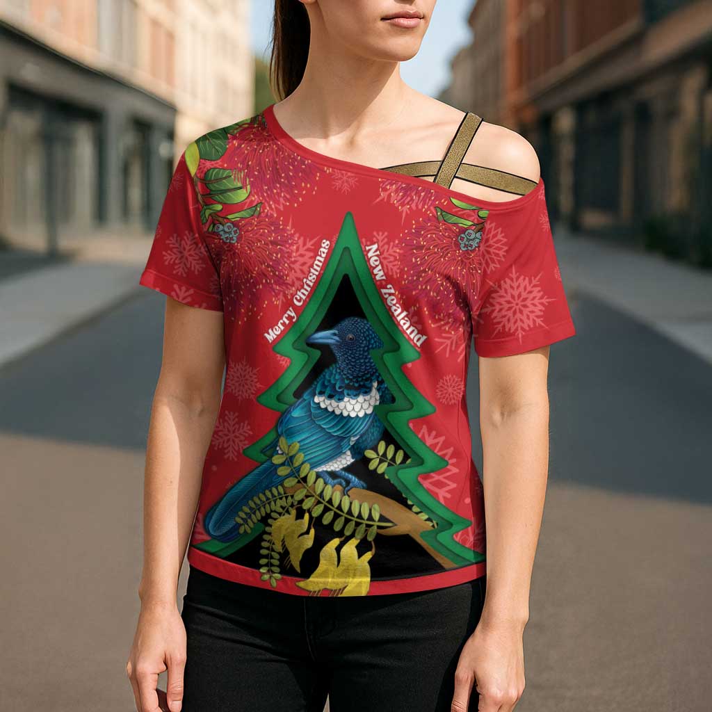 New Zealand Christmas In July Cross Shoulder Shirt Kowhai Tui Bird With Pohutukawa - Red - Polynesian Pride