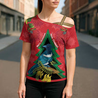 New Zealand Christmas In July Cross Shoulder Shirt Kowhai Tui Bird With Pohutukawa - Red - Polynesian Pride