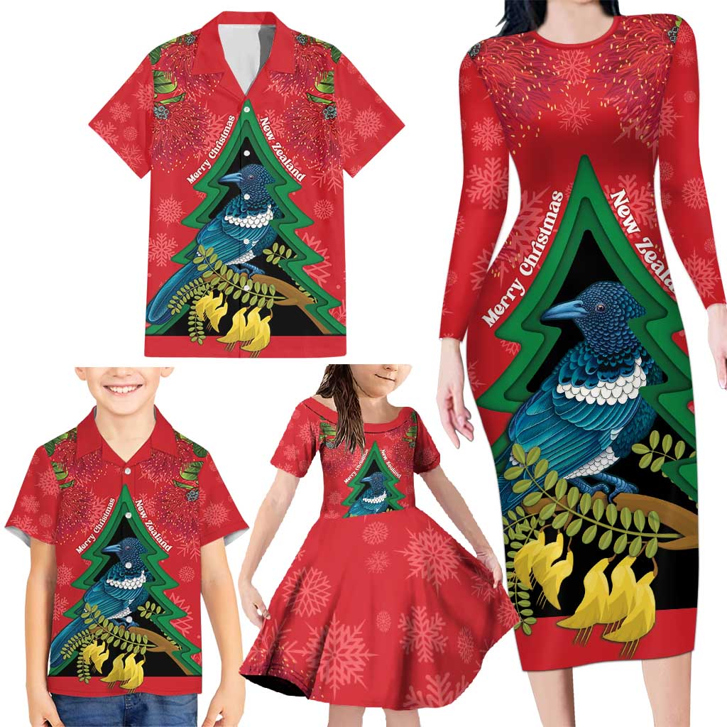 New Zealand Christmas In July Family Matching Long Sleeve Bodycon Dress and Hawaiian Shirt Kowhai Tui Bird With Pohutukawa - Red