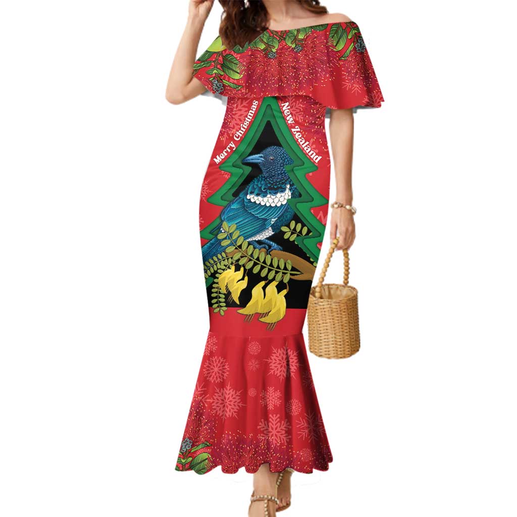 New Zealand Christmas In July Family Matching Mermaid Dress and Hawaiian Shirt Kowhai Tui Bird With Pohutukawa - Red