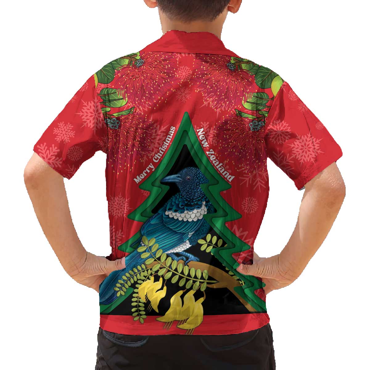 New Zealand Christmas In July Family Matching Off The Shoulder Long Sleeve Dress and Hawaiian Shirt Kowhai Tui Bird With Pohutukawa - Red