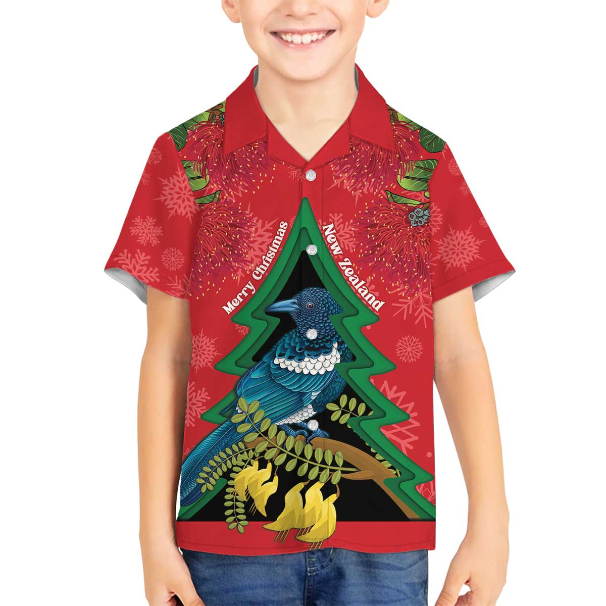 New Zealand Christmas In July Family Matching Off The Shoulder Long Sleeve Dress and Hawaiian Shirt Kowhai Tui Bird With Pohutukawa - Red