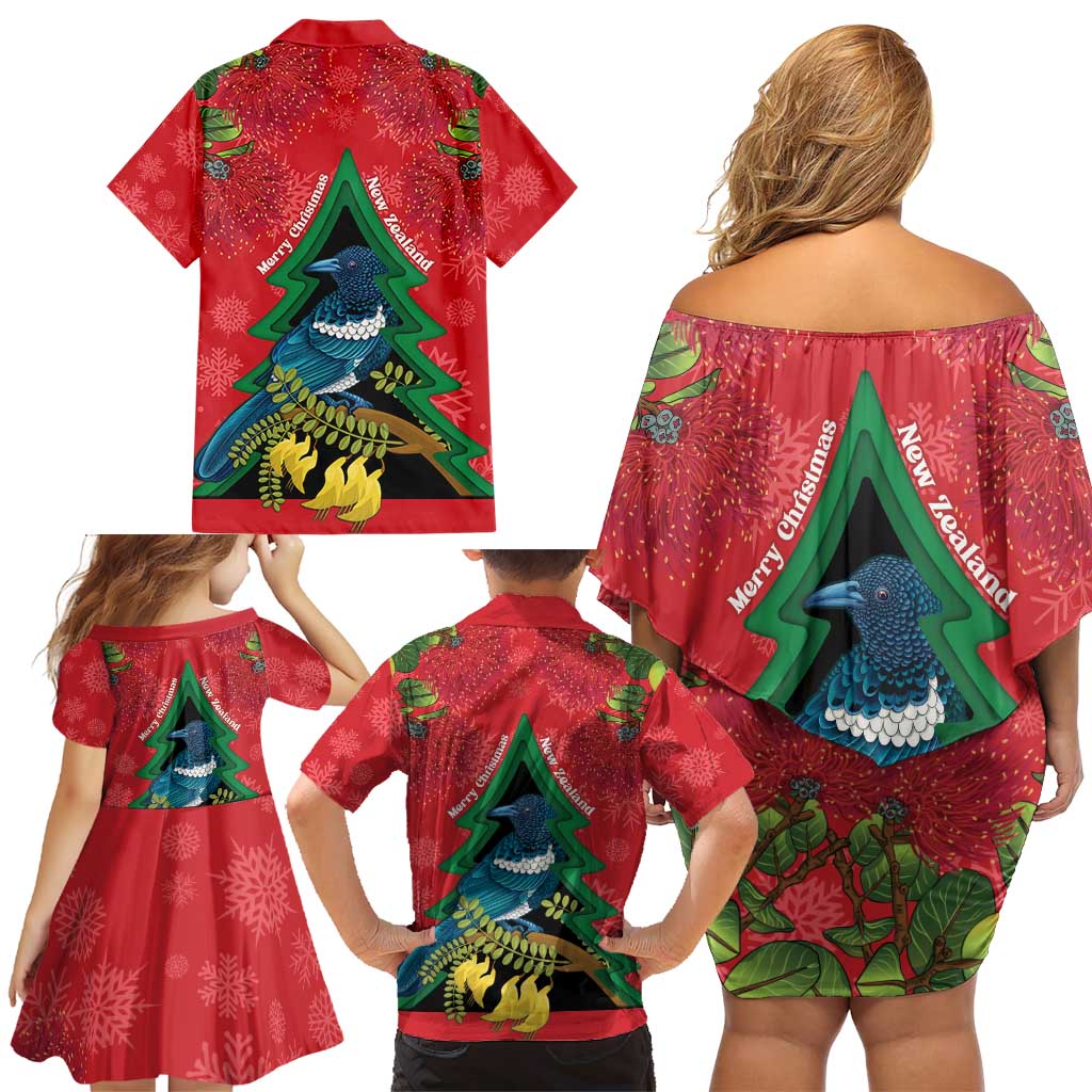 New Zealand Christmas In July Family Matching Off Shoulder Short Dress and Hawaiian Shirt Kowhai Tui Bird With Pohutukawa - Red