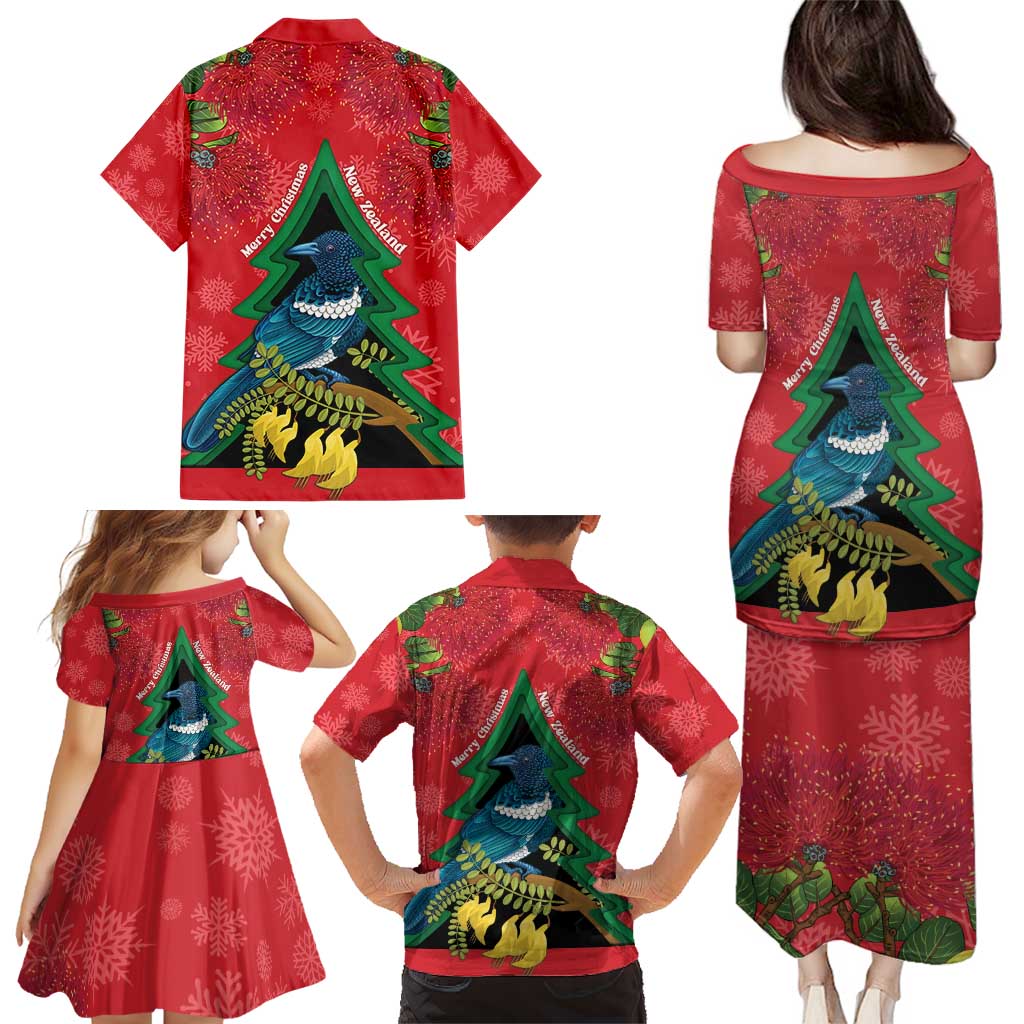 New Zealand Christmas In July Family Matching Puletasi and Hawaiian Shirt Kowhai Tui Bird With Pohutukawa - Red