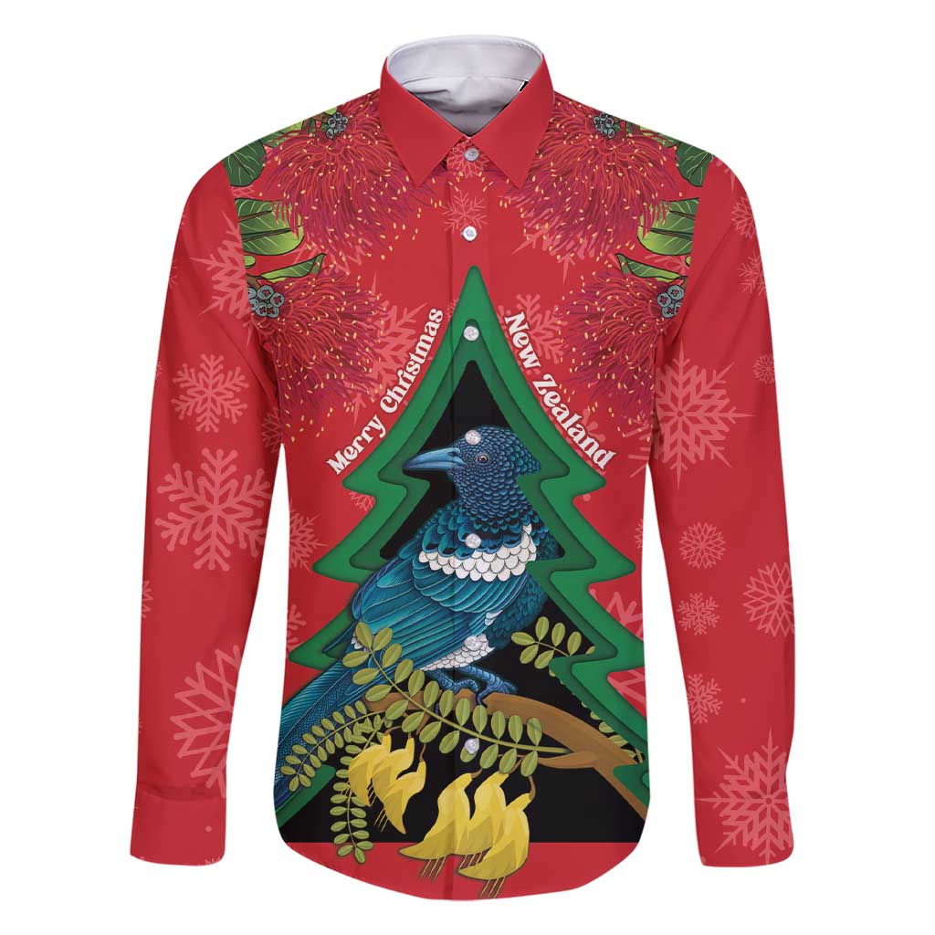 New Zealand Christmas In July Family Matching Short Sleeve Bodycon Dress and Hawaiian Shirt Kowhai Tui Bird With Pohutukawa - Red