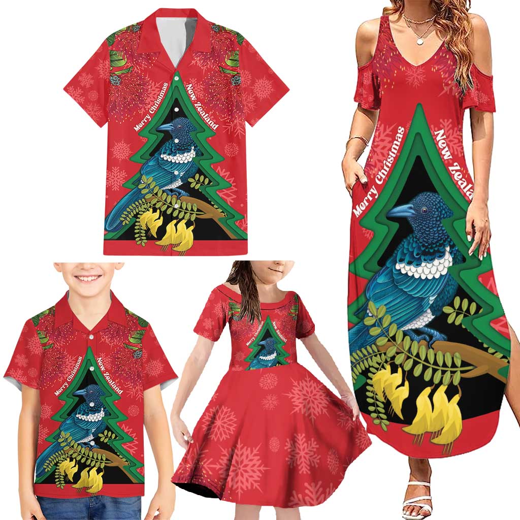New Zealand Christmas In July Family Matching Summer Maxi Dress and Hawaiian Shirt Kowhai Tui Bird With Pohutukawa - Red