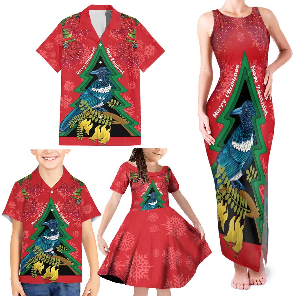 New Zealand Christmas In July Family Matching Tank Maxi Dress and Hawaiian Shirt Kowhai Tui Bird With Pohutukawa - Red