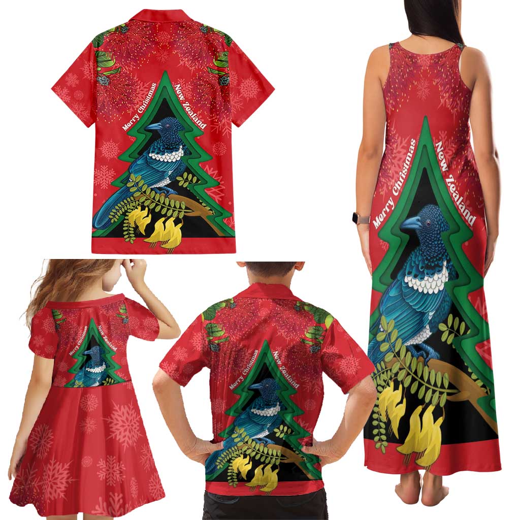 New Zealand Christmas In July Family Matching Tank Maxi Dress and Hawaiian Shirt Kowhai Tui Bird With Pohutukawa - Red