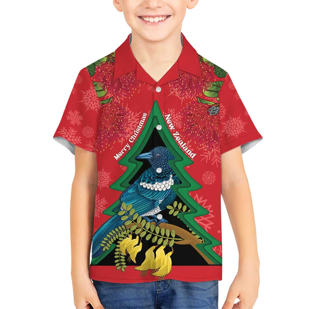 New Zealand Christmas In July Family Matching Tank Maxi Dress and Hawaiian Shirt Kowhai Tui Bird With Pohutukawa - Red