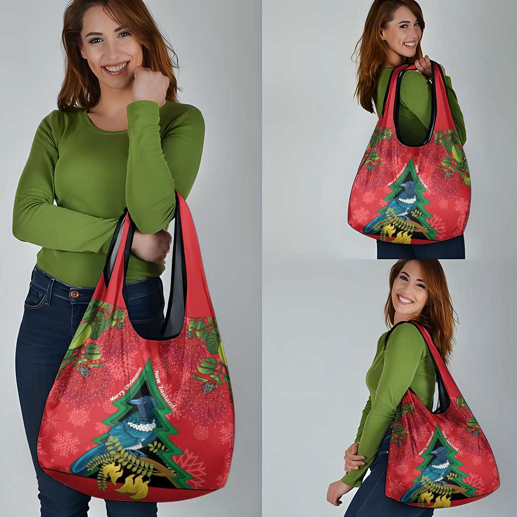 New Zealand Christmas In July Grocery Bag Kowhai Tui Bird With Pohutukawa - Red