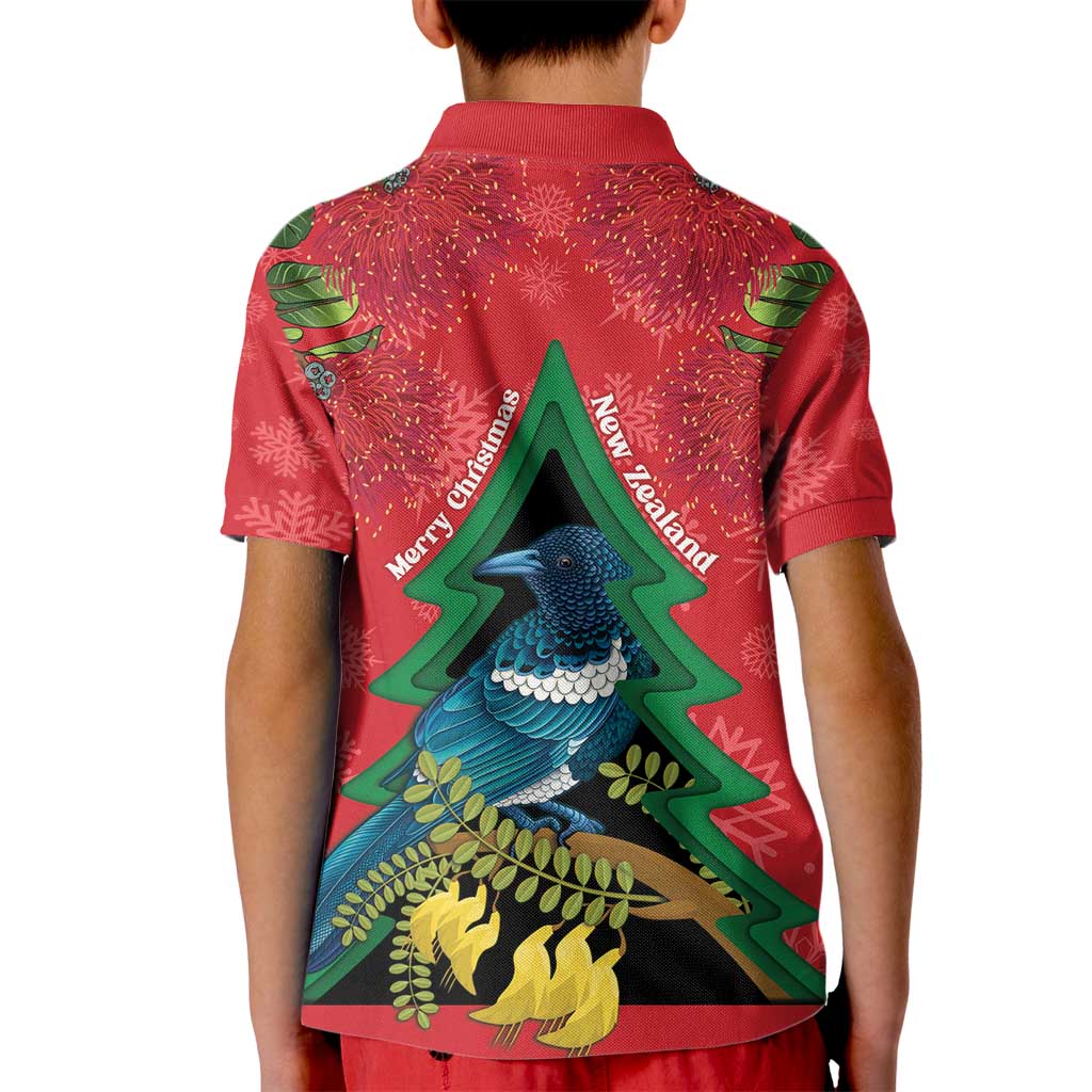 New Zealand Christmas In July Kid Polo Shirt Kowhai Tui Bird With Pohutukawa - Red