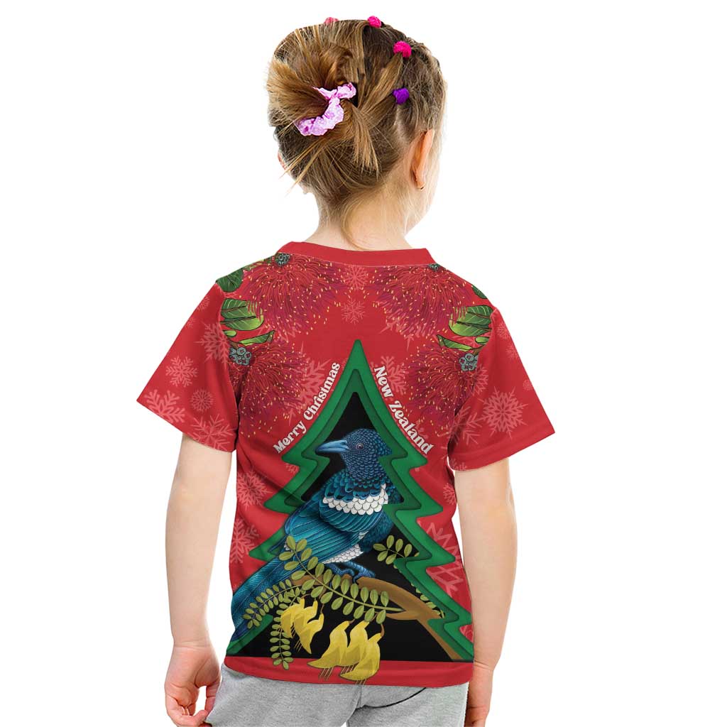 New Zealand Christmas In July Kid T Shirt Kowhai Tui Bird With Pohutukawa - Red