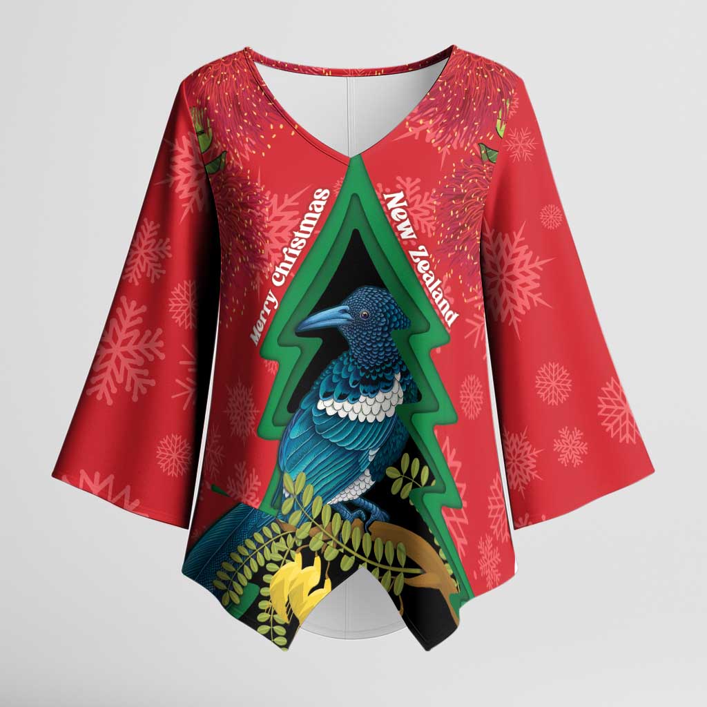 New Zealand Christmas In July Kimono Sleeve Blouse Kowhai Tui Bird With Pohutukawa - Red - Polynesian Pride
