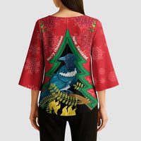New Zealand Christmas In July Kimono Sleeve Blouse Kowhai Tui Bird With Pohutukawa - Red - Polynesian Pride