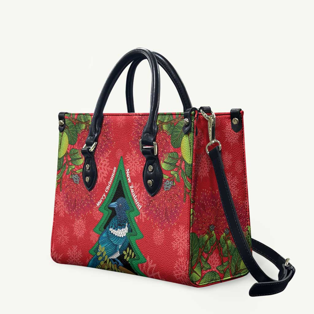 New Zealand Christmas In July Leather Bag Kowhai Tui Bird With Pohutukawa - Red - Polynesian Pride