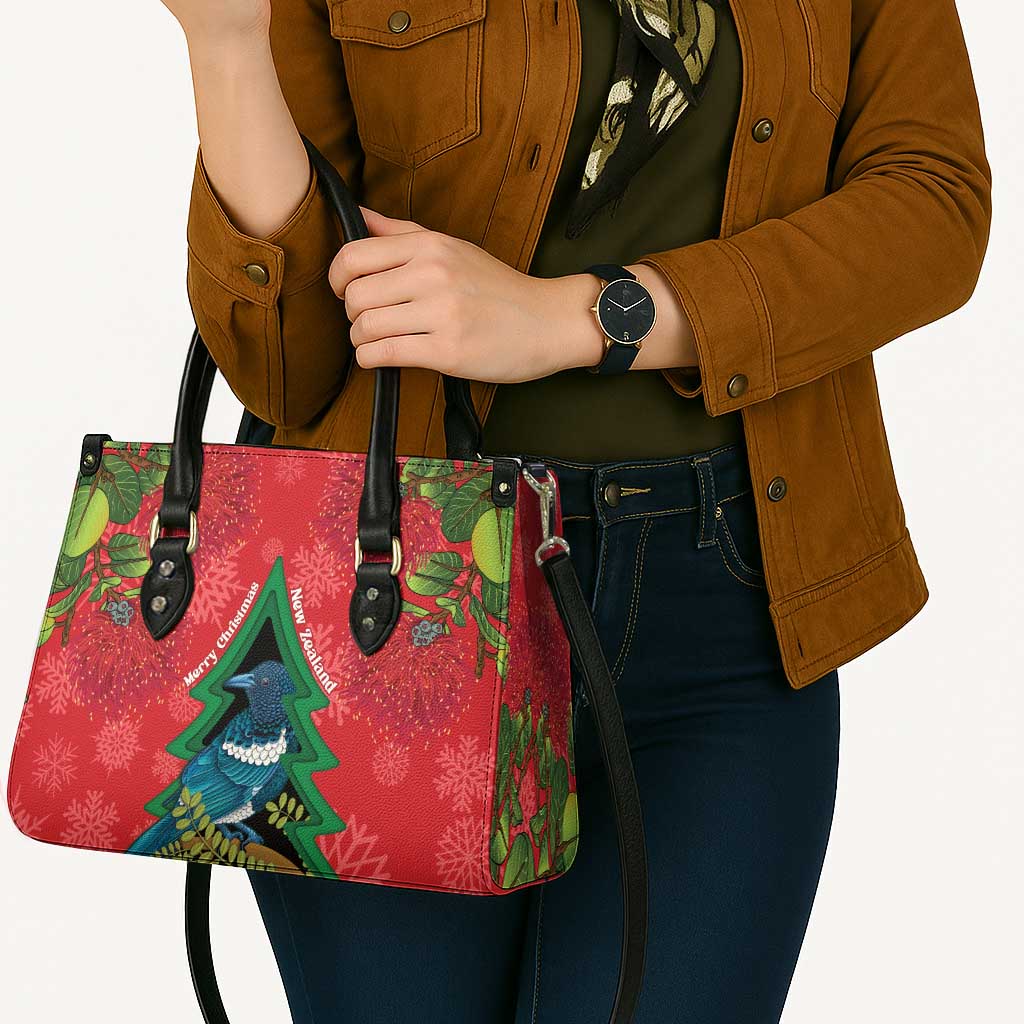 New Zealand Christmas In July Leather Bag Kowhai Tui Bird With Pohutukawa - Red - Polynesian Pride