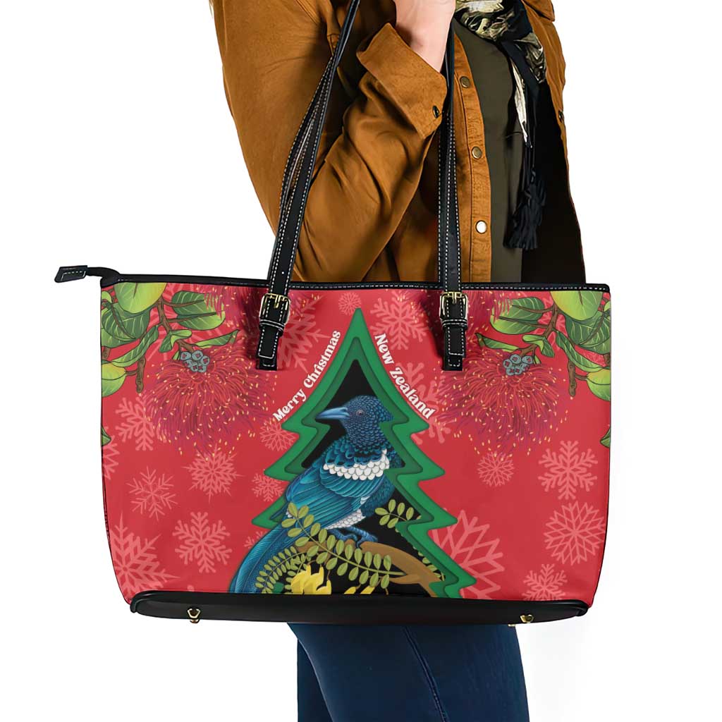 New Zealand Christmas In July Leather Tote Bag Kowhai Tui Bird With Pohutukawa - Red