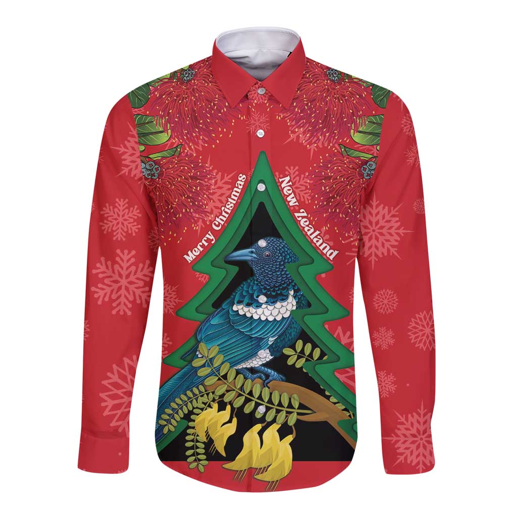 New Zealand Christmas In July Long Sleeve Button Shirt Kowhai Tui Bird With Pohutukawa - Red