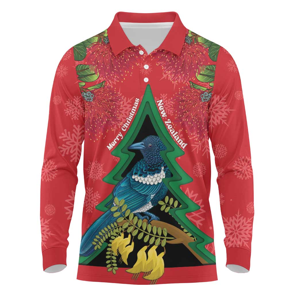 New Zealand Christmas In July Long Sleeve Polo Shirt Kowhai Tui Bird With Pohutukawa - Red