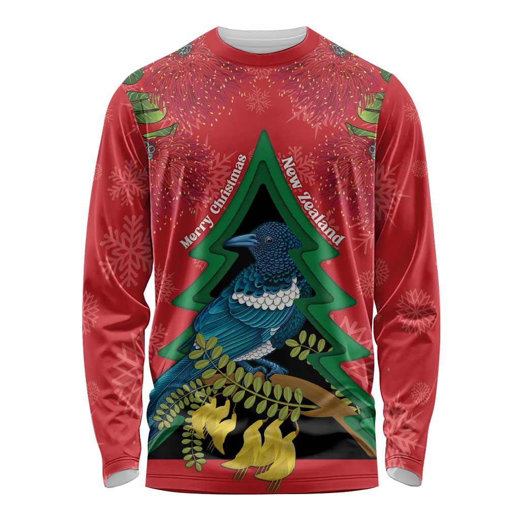 New Zealand Christmas In July Long Sleeve Shirt Kowhai Tui Bird With Pohutukawa - Red