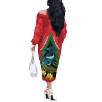 New Zealand Christmas In July Off The Shoulder Long Sleeve Dress Kowhai Tui Bird With Pohutukawa - Red
