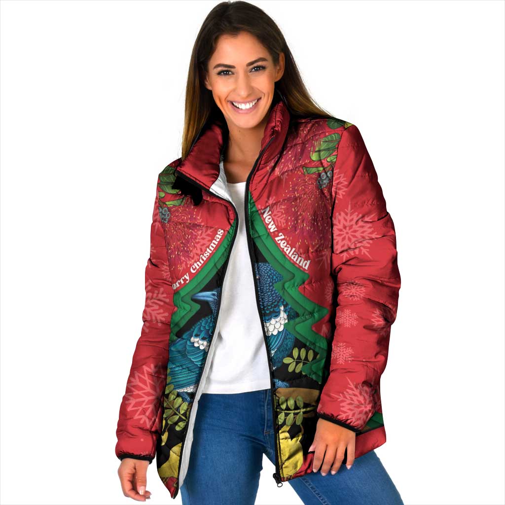 New Zealand Christmas In July Padded Jacket Kowhai Tui Bird With Pohutukawa - Red - Polynesian Pride