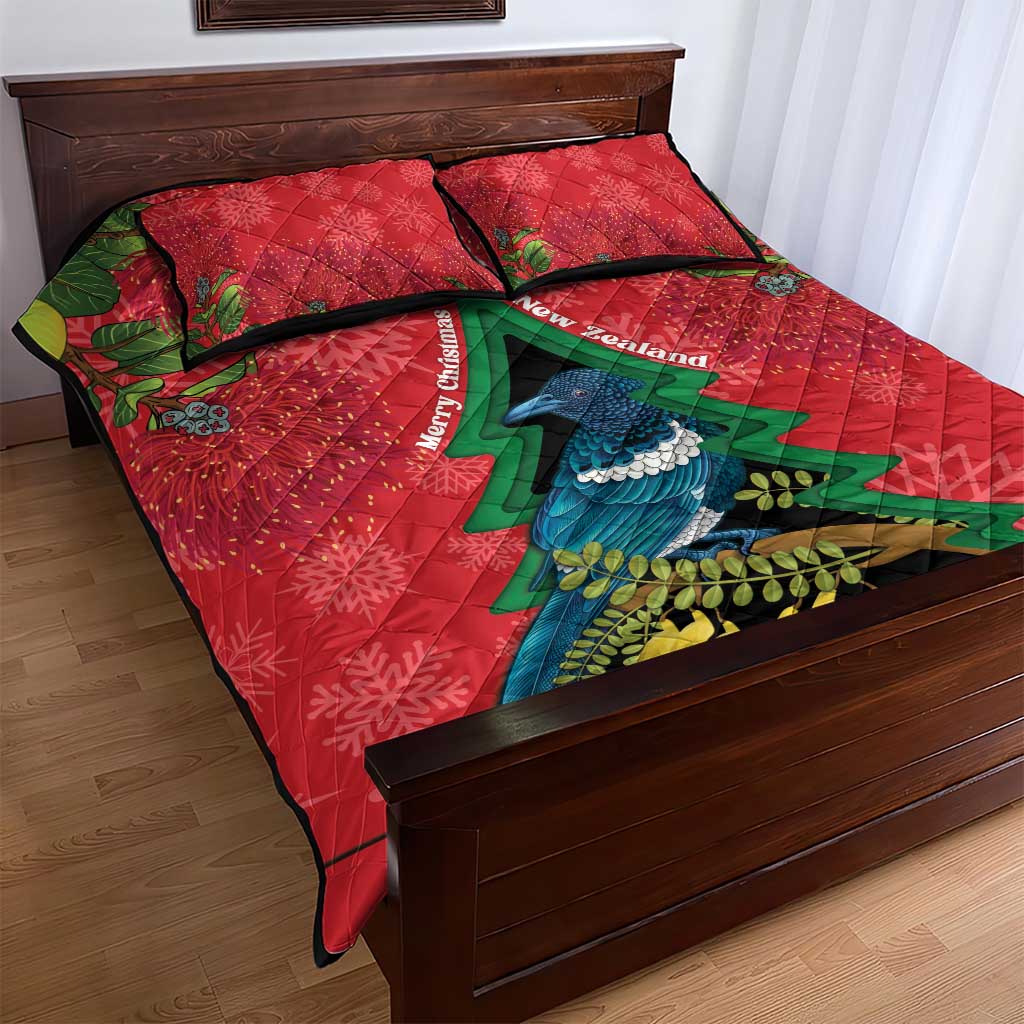 New Zealand Christmas In July Quilt Bed Set Kowhai Tui Bird With Pohutukawa - Red