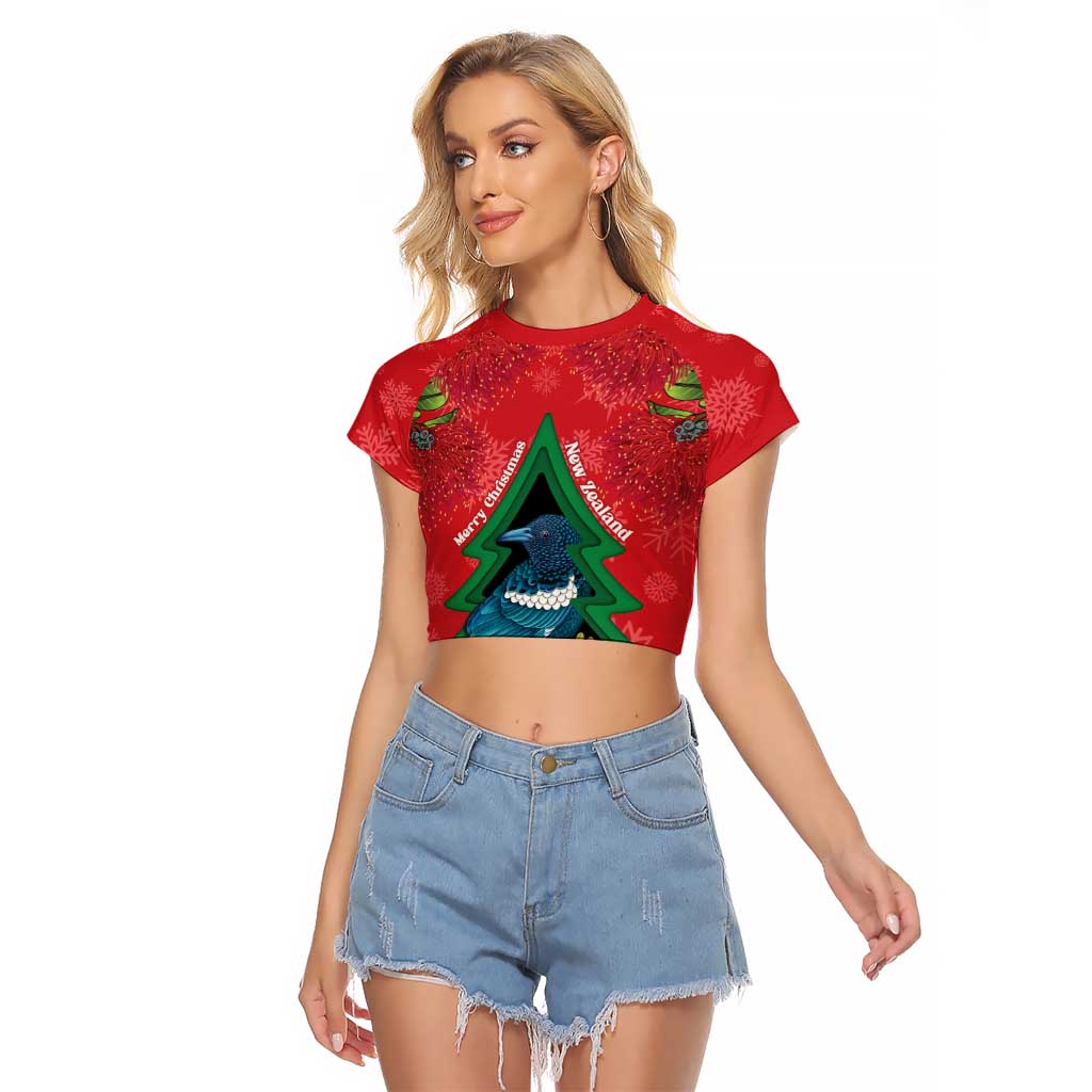 New Zealand Christmas In July Raglan Cropped T Shirt Kowhai Tui Bird With Pohutukawa - Red
