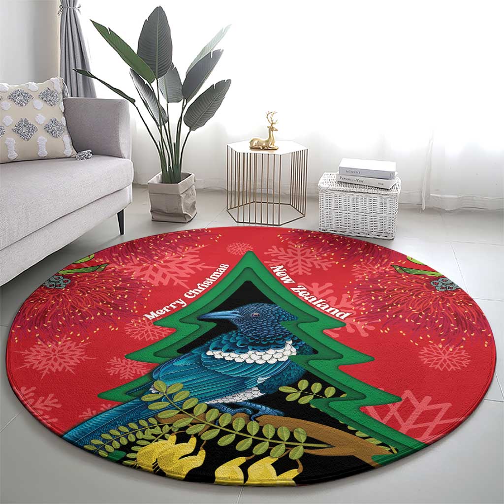 New Zealand Christmas In July Round Carpet Kowhai Tui Bird With Pohutukawa - Red