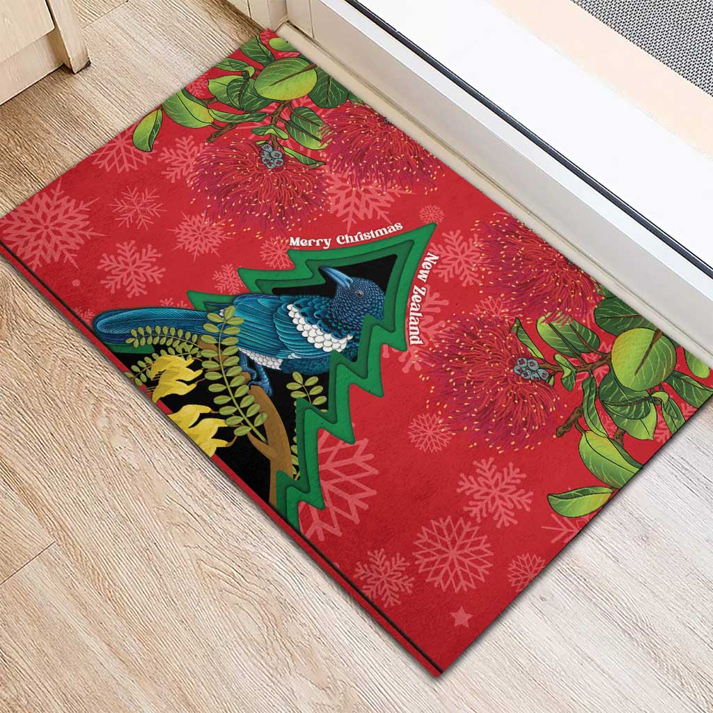 New Zealand Christmas In July Rubber Doormat Kowhai Tui Bird With Pohutukawa - Red