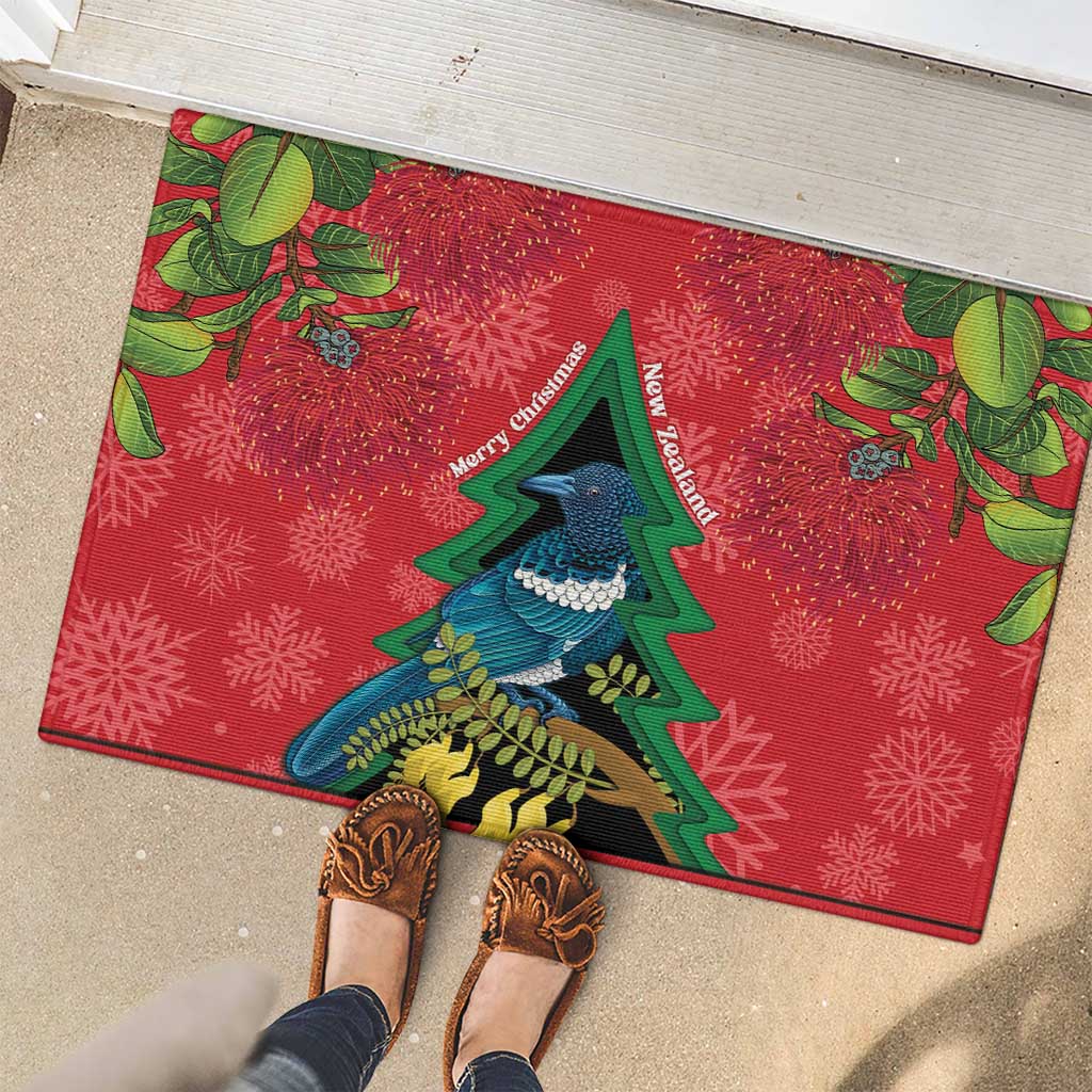 New Zealand Christmas In July Rubber Doormat Kowhai Tui Bird With Pohutukawa - Red