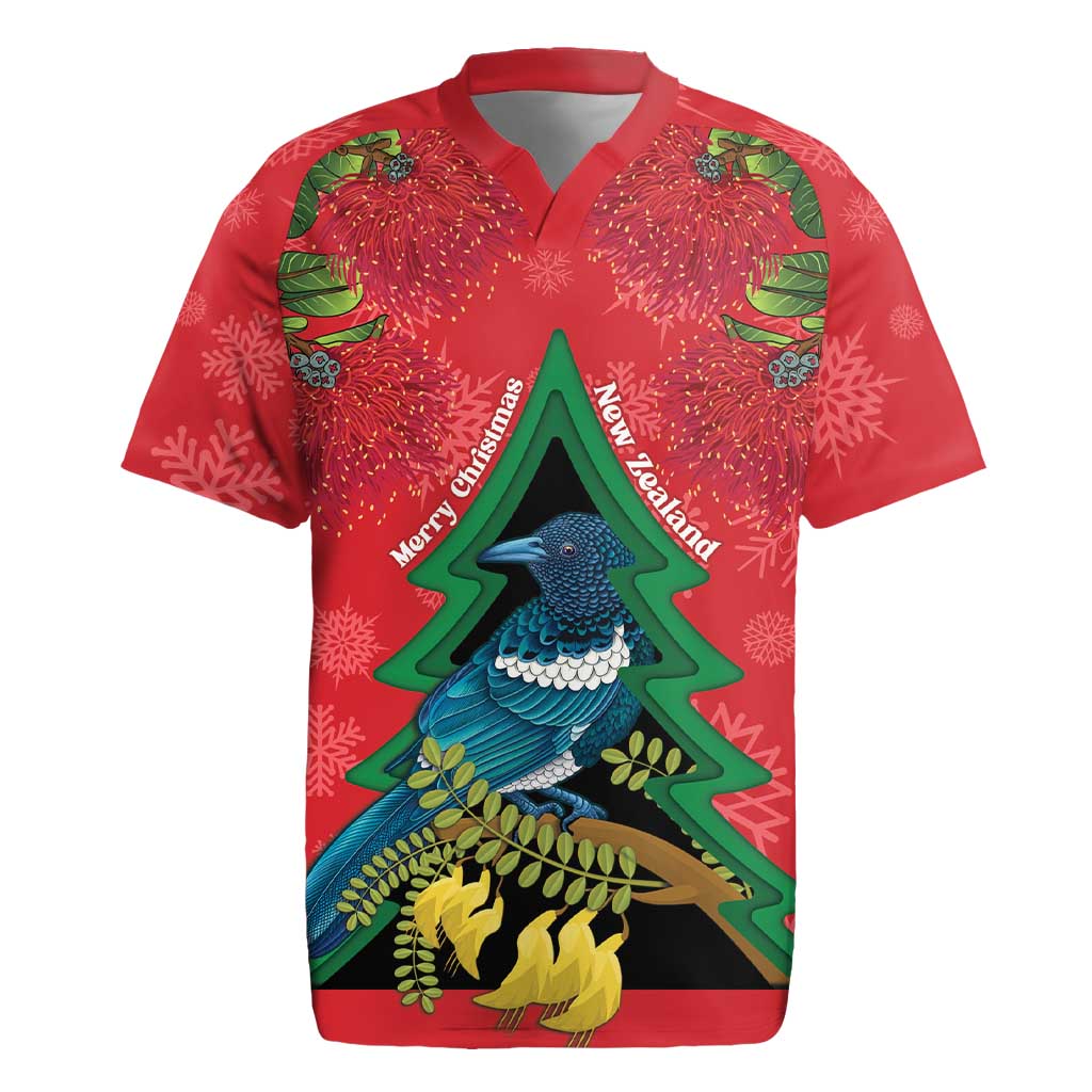 New Zealand Christmas In July Rugby Jersey Kowhai Tui Bird With Pohutukawa - Red