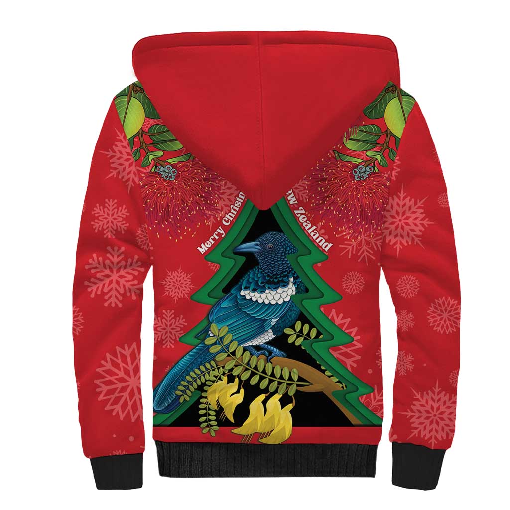New Zealand Christmas In July Sherpa Hoodie Kowhai Tui Bird With Pohutukawa - Red
