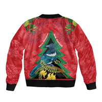 New Zealand Christmas In July Sleeve Zip Bomber Jacket Kowhai Tui Bird With Pohutukawa - Red