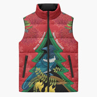 New Zealand Christmas In July Sleeveless Puffer Jacket Kowhai Tui Bird With Pohutukawa - Red - Polynesian Pride