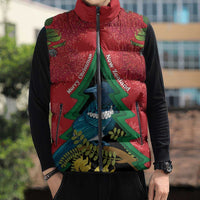 New Zealand Christmas In July Sleeveless Puffer Jacket Kowhai Tui Bird With Pohutukawa - Red - Polynesian Pride