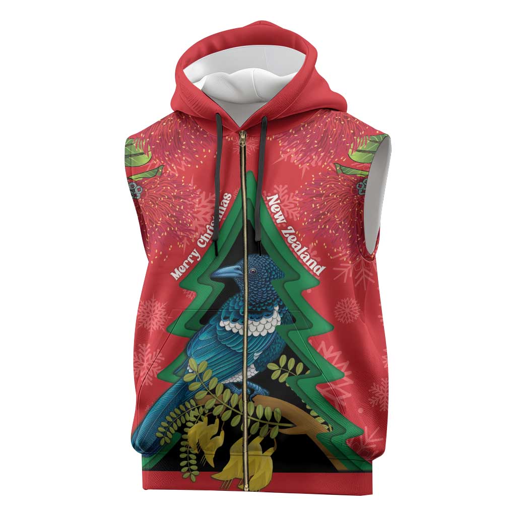 New Zealand Christmas In July Sleeveless Zip Hoodie Kowhai Tui Bird With Pohutukawa - Red - Polynesian Pride