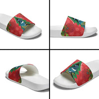 New Zealand Christmas In July Slide Sandals Kowhai Tui Bird With Pohutukawa - Red - Polynesian Pride
