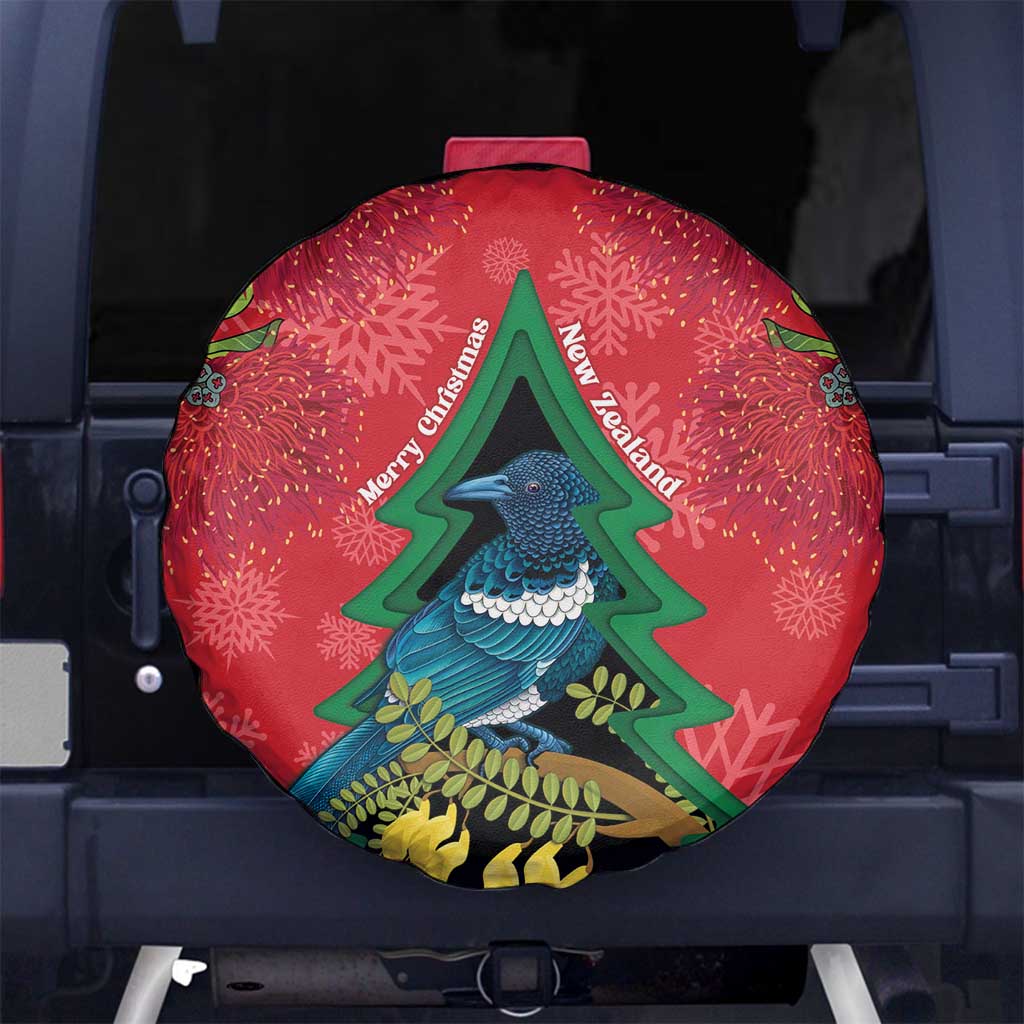New Zealand Christmas In July Spare Tire Cover Kowhai Tui Bird With Pohutukawa - Red