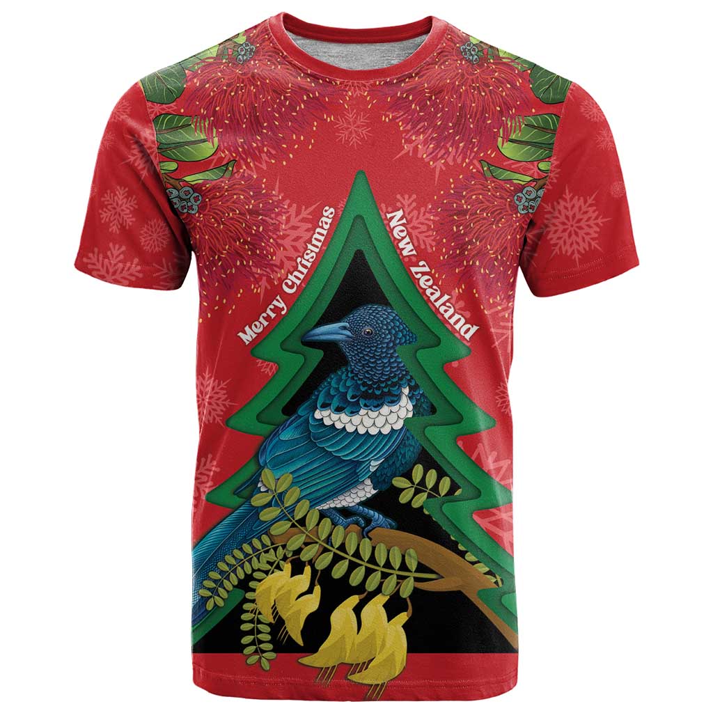 New Zealand Christmas In July T Shirt Kowhai Tui Bird With Pohutukawa - Red