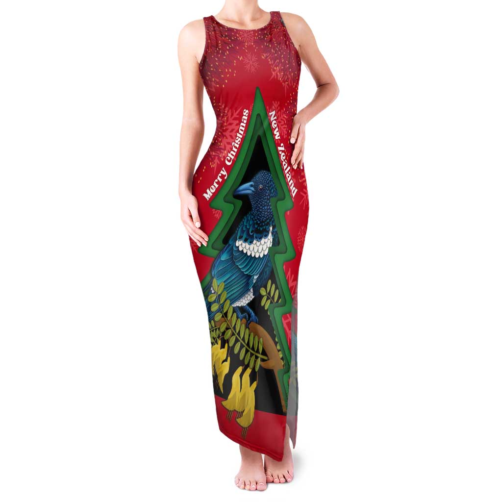 New Zealand Christmas In July Tank Maxi Dress Kowhai Tui Bird With Pohutukawa - Red