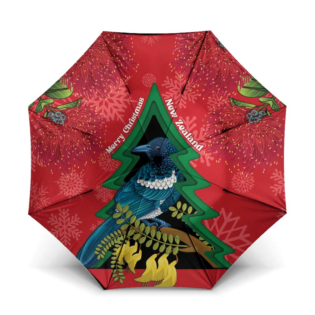 New Zealand Christmas In July Umbrella Kowhai Tui Bird With Pohutukawa - Red - Polynesian Pride