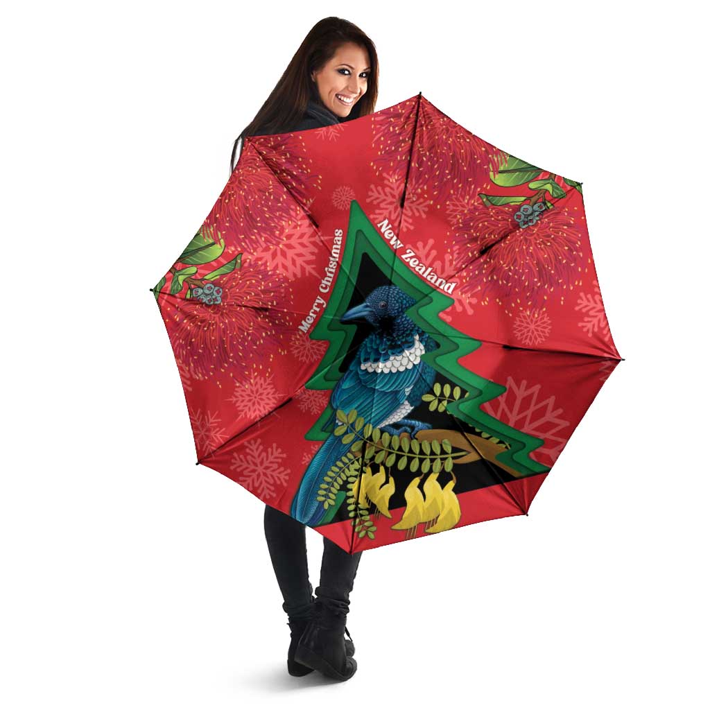 New Zealand Christmas In July Umbrella Kowhai Tui Bird With Pohutukawa - Red - Polynesian Pride