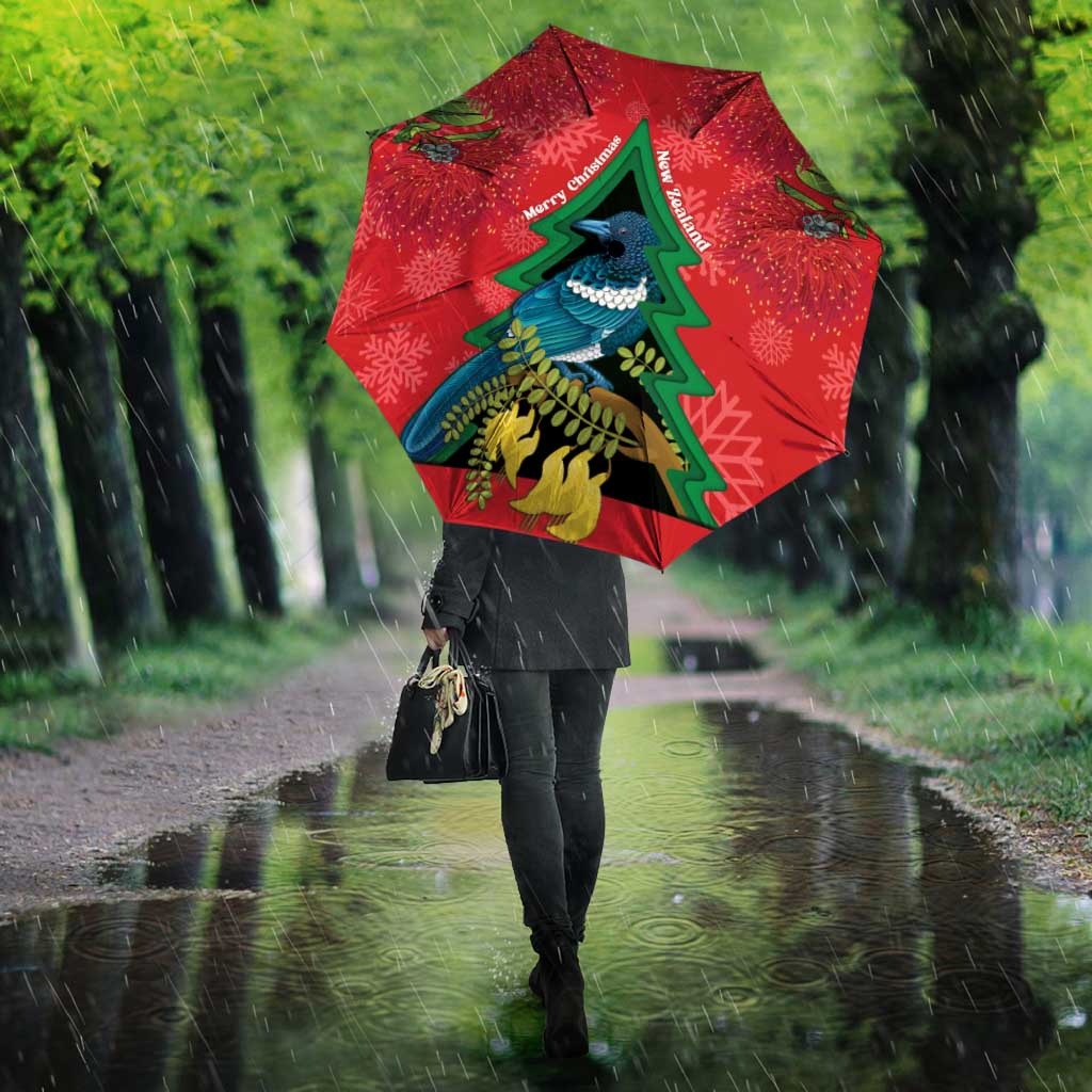 New Zealand Christmas In July Umbrella Kowhai Tui Bird With Pohutukawa - Red - Polynesian Pride