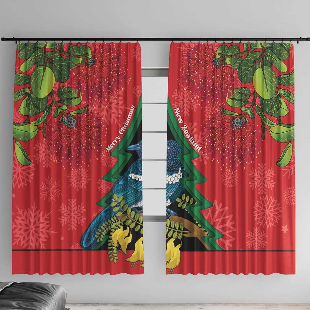 New Zealand Christmas In July Window Curtain Kowhai Tui Bird With Pohutukawa - Red